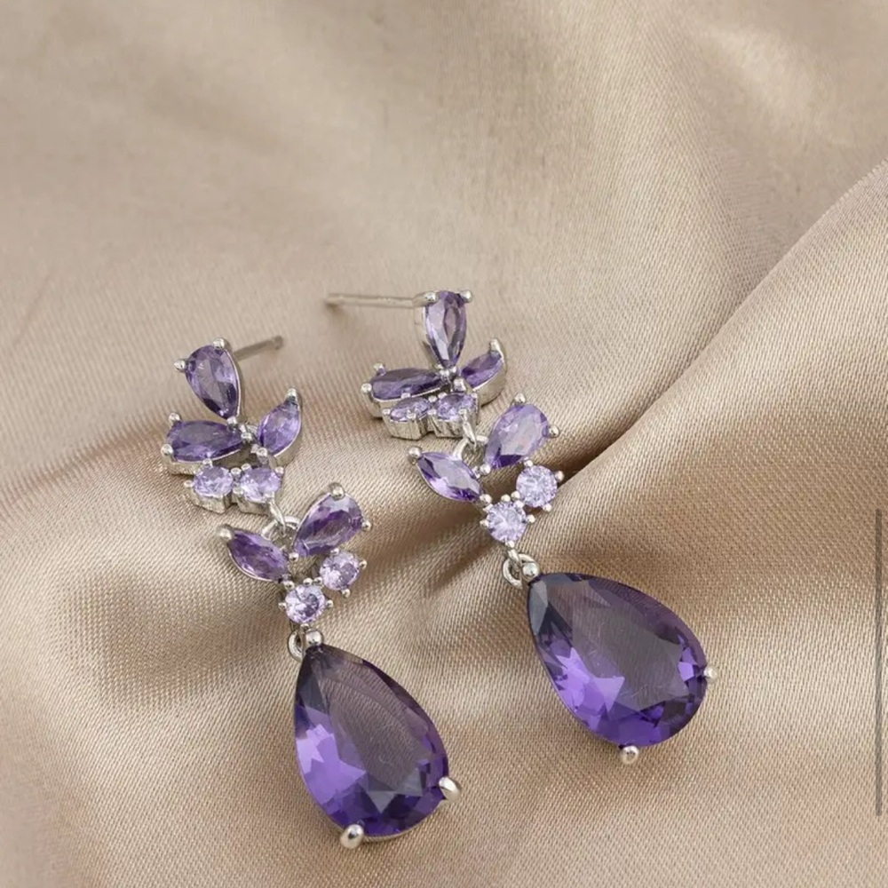 Amethyst and Zircon Silver Plated Pear Shape Dangling Earrings - Picture 10 of 12